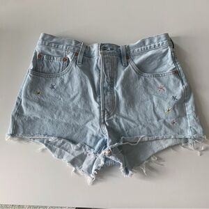 Levi's 501 Light Blue Denim Jean Shorts with Floral Embroidery